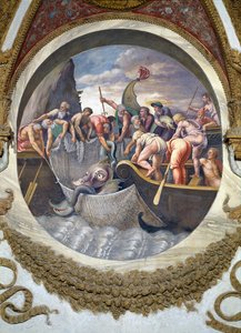Scena che mostra che coloro nati sotto il segno dei Pesci in congiunzione con la costellazione di Belua sono abili nella pesca, simboleggiata dalla cattura di un mostro marino, dalla Camera dei Venti, 1528 da Giulio Romano